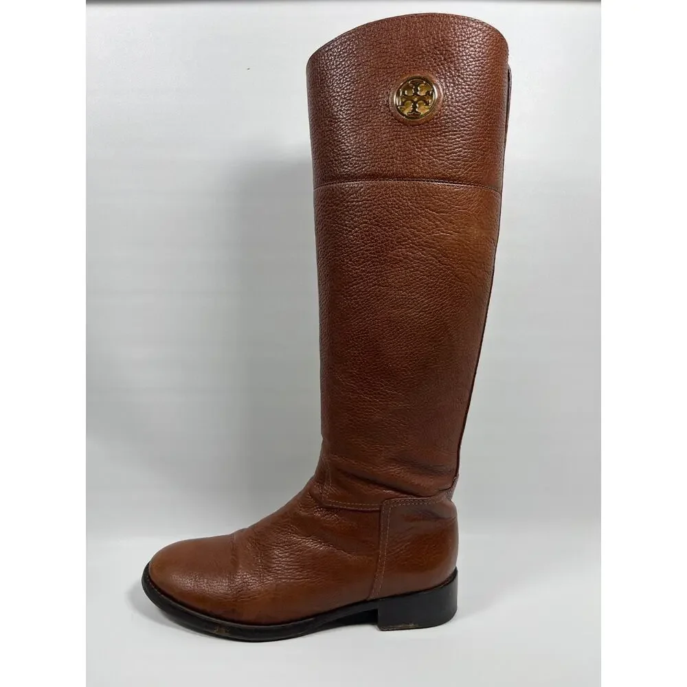 TORY BURCH Boots Womens 8M Junction Riding Equestrian Pebble Leather Brown